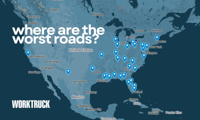 Map of the U.S. with location pins marking metro areas from Pep Boys’ Worst Roads report, with the text “where are the worst roads?” and the Work Truck logo.