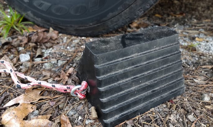 Closeup photo of a heavy-duty wheel chock.