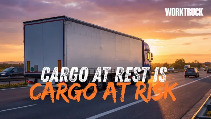 Semi-truck driving on a highway at sunset with text “Cargo at Rest is Cargo at Risk,” highlighting increased theft risk when freight is stationary during disruptions.