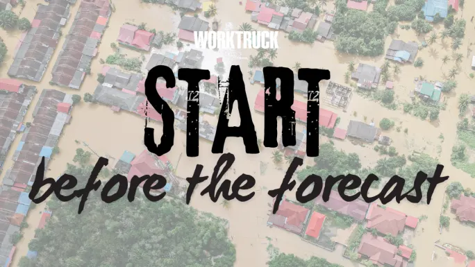 Aerial view of a neighborhood submerged in floodwaters, illustrating the need for fleet disaster preparedness, staging, and proactive maintenance before severe weather events.