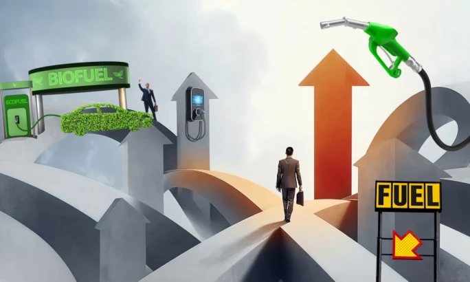 Illustration of multiple fuel pathways including biofuel, EV charging, and gas with a rising arrow, representing fleet powertrain strategy and fuel cost pressure for 2026.