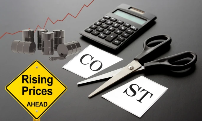 Scissors cutting the word “COST” near a calculator, oil barrels, and a “Rising Prices Ahead” sign, representing fleet budgeting pressure and rising operating expenses.