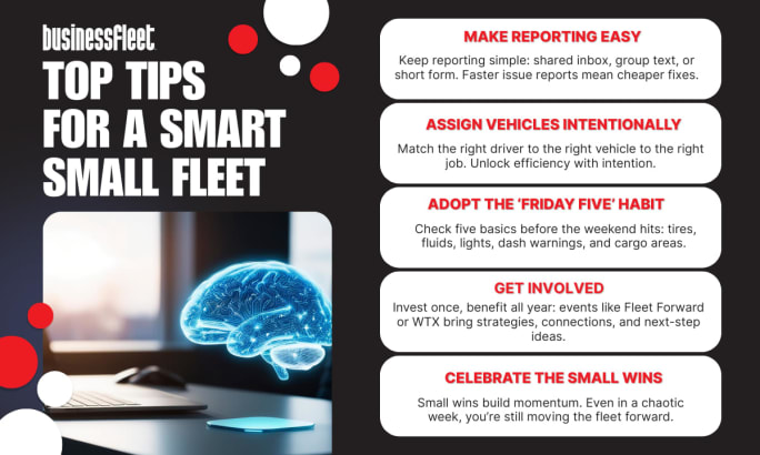 Graphic featuring small fleet tips including easy issue reporting, intentional vehicle assignments, Friday inspections, industry involvement, and celebrating small wins.