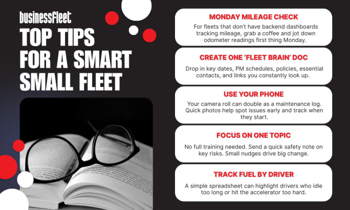 Graphic showing top tips for a smart small fleet, including mileage checks, a fleet brain document, using phone photos, safety focus, and tracking fuel by driver.