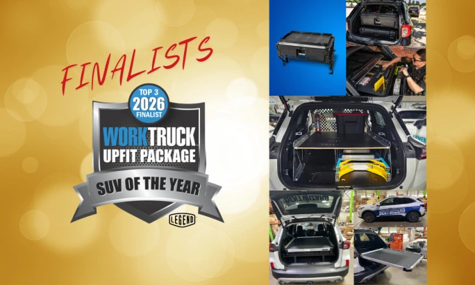Collage of SUV upfit finalists including secure drawer systems, mobile training setups, and custom storage solutions designed for fleet efficiency and safety.