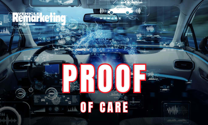 Vehicle interior with digital data overlays and text “Proof of Care,” illustrating fleet telematics and maintenance records that often do not transfer with vehicles at resale.