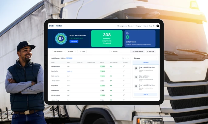 Tablet view of Smith System’s Trainer Center dashboard showing Smith5Keys performance, eLearning assignments, skills builder alerts, and a fleet training roster.
