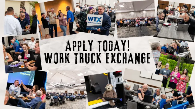 Collage of Work Truck Exchange attendees networking, meeting one-on-one, and participating in group sessions at a fleet-focused industry event.