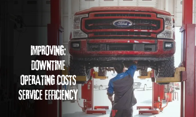 Technician working under a red Ford truck on a service lift, illustrating faster repairs, predictive maintenance, and reduced downtime through connected service workflows.