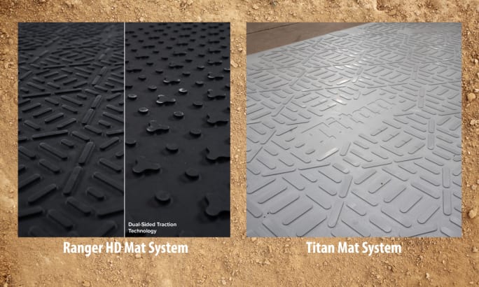 Dirt background with two inset photos of rubber mats that serve as ground protection.