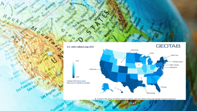 U.S. map showing 2025 collision rates by state and correlation with insurance premiums, based on Geotab connected vehicle data.