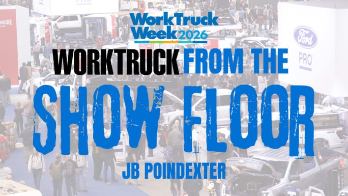Work Truck Week 2026 show floor graphic highlighting JB Poindexter with work trucks, fleet vehicles, and industry attendees at the Indianapolis Convention Center.