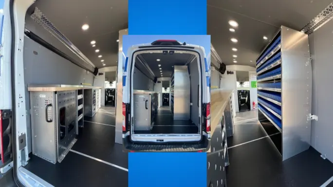 Rear view of a service van pilot build with raised storage platform and side cabinet, illustrating a layout designed for safer access and organized equipment.