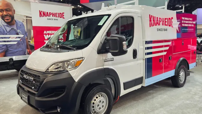 Ram ProMaster service van with Knapheide upfit on display at Work Truck Week 2026 trade show highlighting customized work truck solutions.