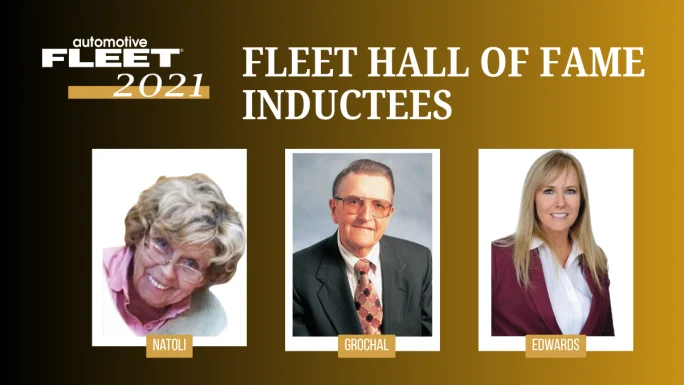2021 Fleet Hall of Fame inductees Elizabeth J. “Bette” Natoli, Frank Grochal, and Carolyn Edwards.