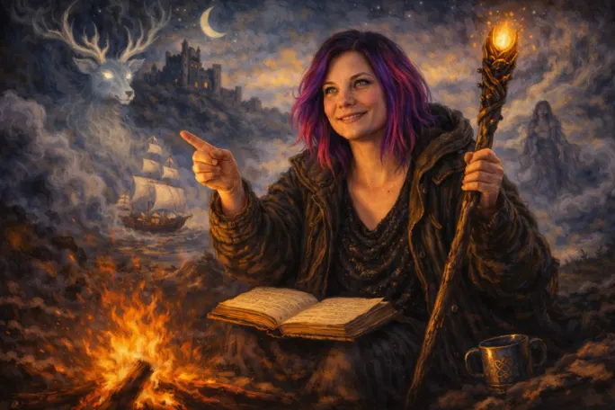 Fantasy-style painting of a traditional storyteller by a campfire holding a staff and book, with a glowing stag, ship, and castle in a misty nighttime landscape.