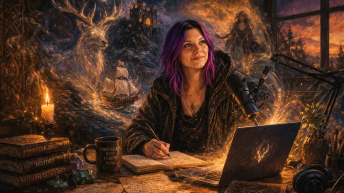 Digital painting of a modern storyteller with purple hair working at a desk with a laptop and microphone, surrounded by glowing, mystical imagery including a stag, castle, and ship.