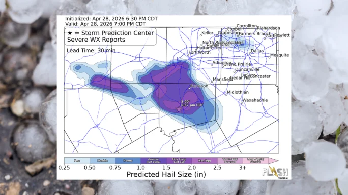 Weather map showing predicted hail sizes across the Dallas-Fort Worth area over a background of large hailstones.