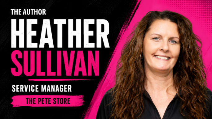 Graphic featuring Heather Sullivan, Service Manager at The Pete Store, with her headshot against a pink and black branded background.