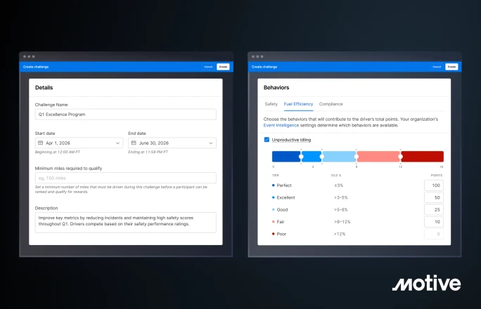 Motive dashboard screenshots showing creation of a driver rewards challenge, including program details, dates, qualification requirements, and configurable performance metrics for safety, fuel efficiency, compliance, and idle-time scoring.