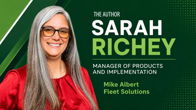 Author graphic featuring Sarah Richey, Manager of Products and Implementation at Mike Albert Fleet Solutions. Her professional headshot appears on the left against a green branded background with geometric design elements, while her name, title, and company name are displayed prominently on the right.