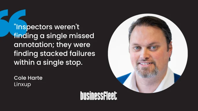 Portrait of Cole Harte, ELD Product Lead at Linxup, alongside a quote explaining that inspectors frequently uncover multiple compliance failures during a single roadside stop.