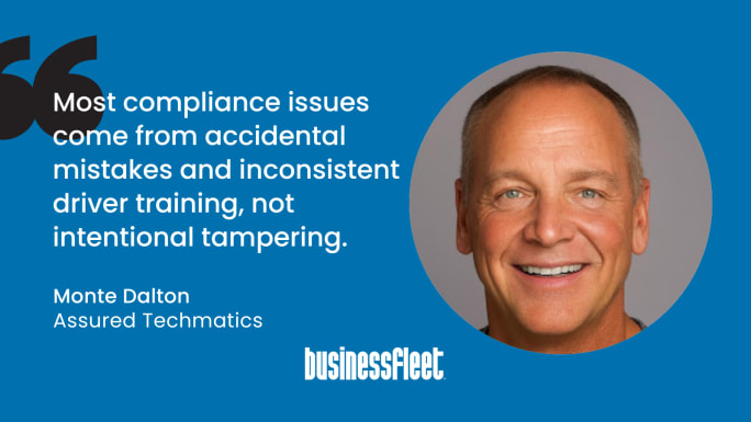 Portrait of Monte Dalton, Chief Strategy Officer at Assured Techmatics, alongside a quote about compliance issues often resulting from accidental mistakes and inconsistent driver training.