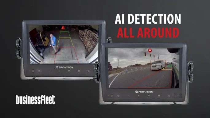 Two Pro-Vision in-cab monitors display AI-assisted camera views detecting a pedestrian behind a vehicle and a vehicle alongside a commercial truck during a lane change.