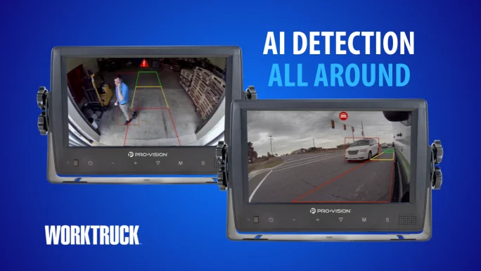 Two Pro-Vision vehicle monitors display AI detection overlays highlighting a pedestrian and a nearby vehicle in rear- and side-view camera applications.