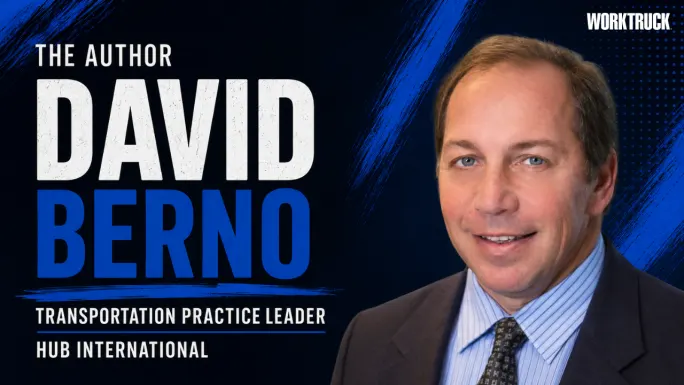 Portrait of David Berno, Transportation Practice Leader at Hub International, beside his name and title on a blue-and-black Work Truck graphic.
