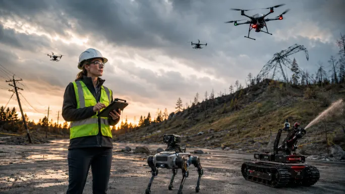 A fleet manager in safety gear stands with a tablet beside a quadruped robot and tracked response robot as drones survey damaged utility infrastructure.