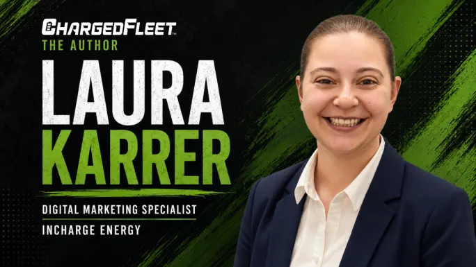 Laura Karrer, digital marketing specialist at InCharge Energy, smiles in a navy blazer beside her name on a black-and-green author graphic.