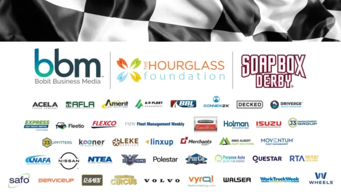 Bobit Business Media, The Hourglass Foundation, and Soap Box Derby logos appear above a grid of supporting fleet industry sponsor logos beneath a checkered racing flag.