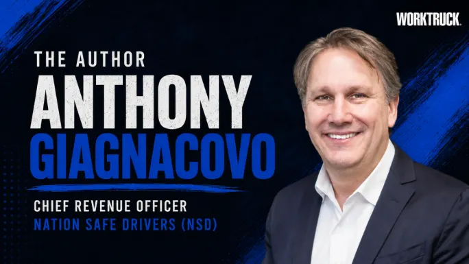 Author graphic featuring Anthony Giagnacovo, chief revenue officer at Nation Safe Drivers, smiling in a navy suit beside his name, title, and company on a blue-and-black Work Truck background.