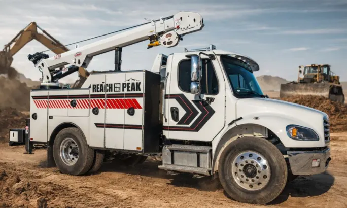 White heavy-duty truck with a service crane parked on a dirt job site.