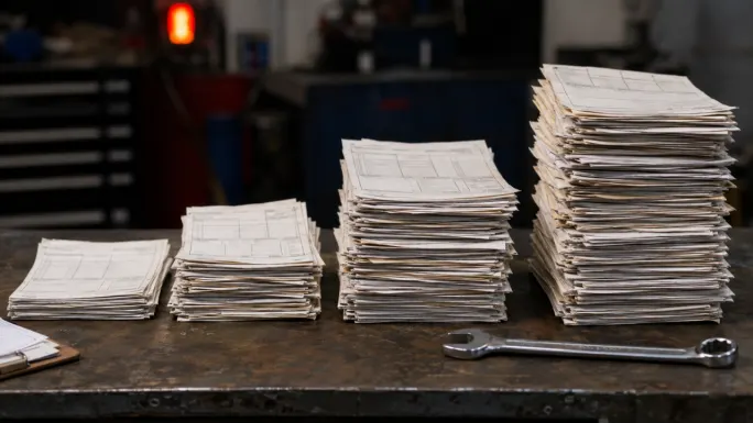 Stacks of repair invoices increase in height across a fleet maintenance workbench, with a wrench in the foreground.