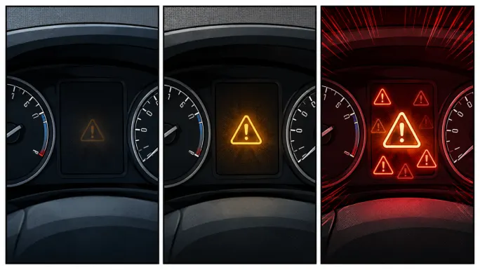 Three-panel illustration showing a dashboard warning indicator progressing from a faint single alert to repeated, more urgent warnings.