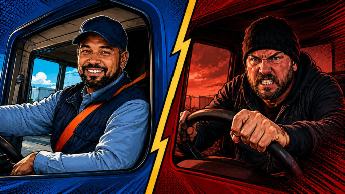 Comic-style split image contrasting a calm, smiling work truck driver with an angry driver gripping the steering wheel.