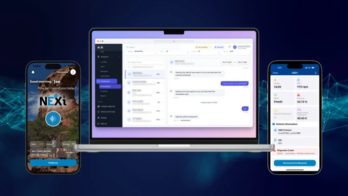 Connex2X NEXi fleet platform displayed across a smartphone, laptop, and mobile vehicle diagnostics screen.