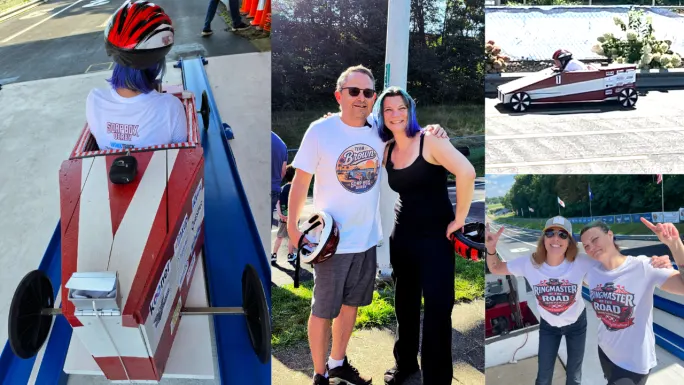 Collage of Soap Box Derby moments, including a racer seated in a red-and-white car, people posing together at Derby Downs, and a soap box car racing down the track.