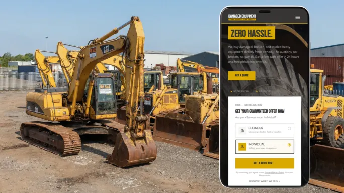 Heavy equipment, including excavators and loaders, sits in a sales yard beside a smartphone displaying the Damaged Equipment website and its online cash offer form.