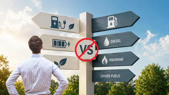 A person looks toward a signpost pointing to electric, battery, gasoline, diesel, propane, and other fueling options, with a crossed-out VS symbol in the center.