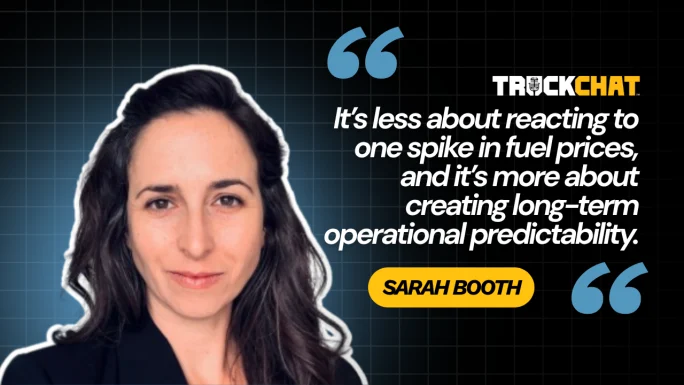 Portrait-style quote graphic featuring a woman beside the words, “It’s less about reacting to one spike in fuel prices, and it’s more about creating long-term operational predictability.”