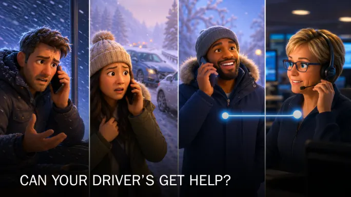 Four illustrated people on phones during different winter situations, including a snowstorm, snowy crash, relieved driver, and dispatcher providing help.