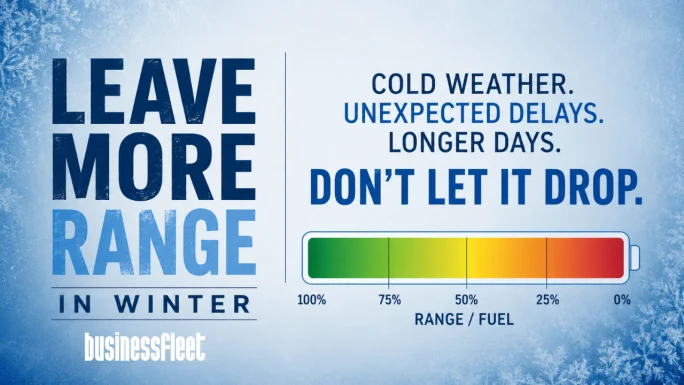 Winter-themed graphic reading “Leave More Range in Winter” beside a battery-style range gauge showing how cold weather, delays, and longer days can reduce available range or fuel.