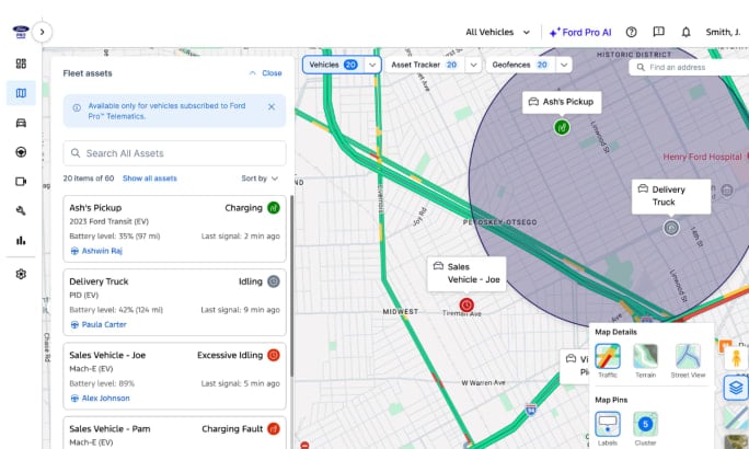 Ford Pro fleet management dashboard displaying vehicle locations, battery levels, charging status, idling alerts, traffic conditions, and geofences on an interactive map.