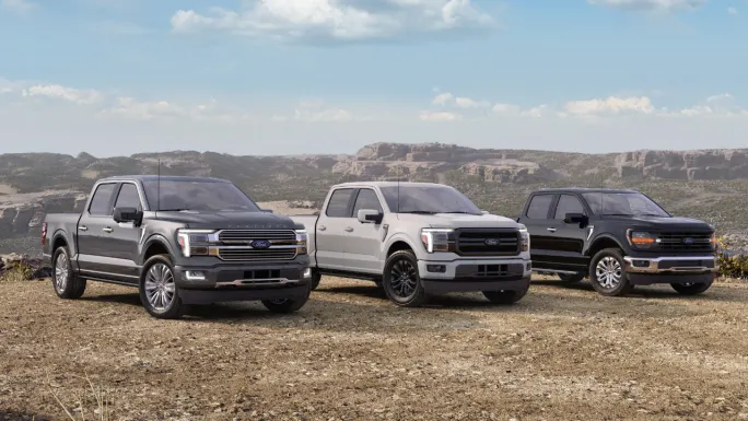 Three Ford F-150 pickups in gray, white, and black parked side by side on a rocky overlook.