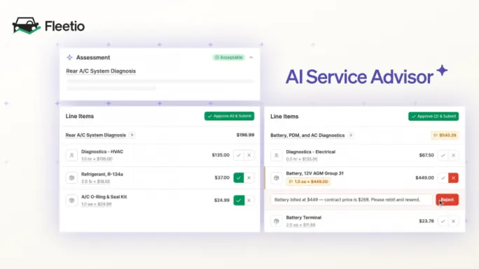Fleetio AI Service Advisor screen showing maintenance line items, repair costs, and options to approve or reject service work.