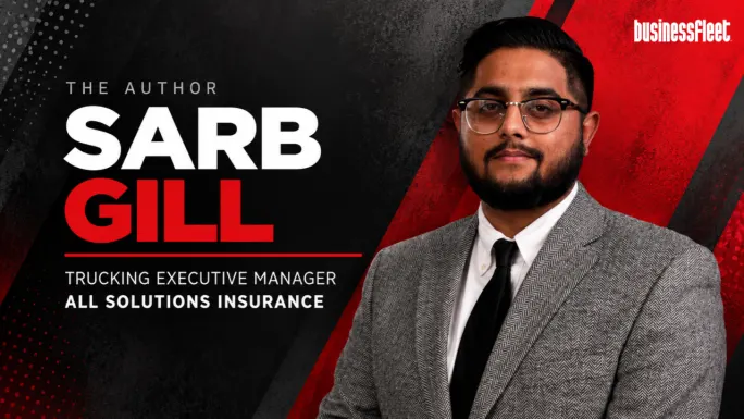 Sarb Gill, trucking executive manager at All Solutions Insurance, pictured in a gray suit and black tie against a red and black textured background with his name, title, and company displayed.