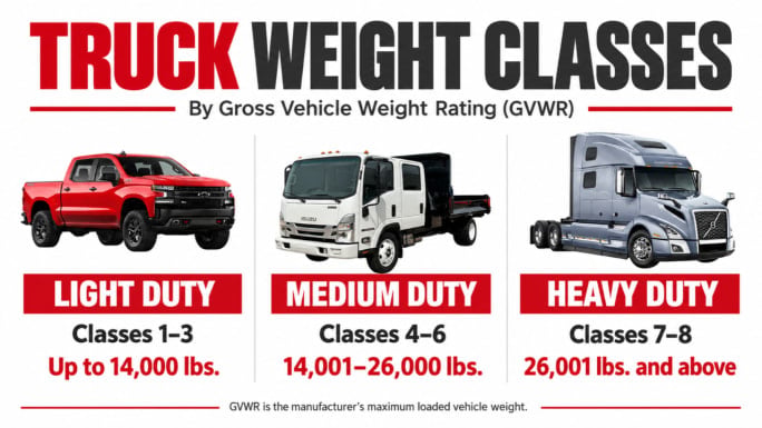 Truck GVWR chart showing light duty, Classes 1–3, up to 14,000 pounds; medium duty, Classes 4–6, 14,001–26,000 pounds; and heavy duty, Classes 7–8, 26,001 pounds and above. A pickup, cabover work truck, and highway tractor illustrate the groups.